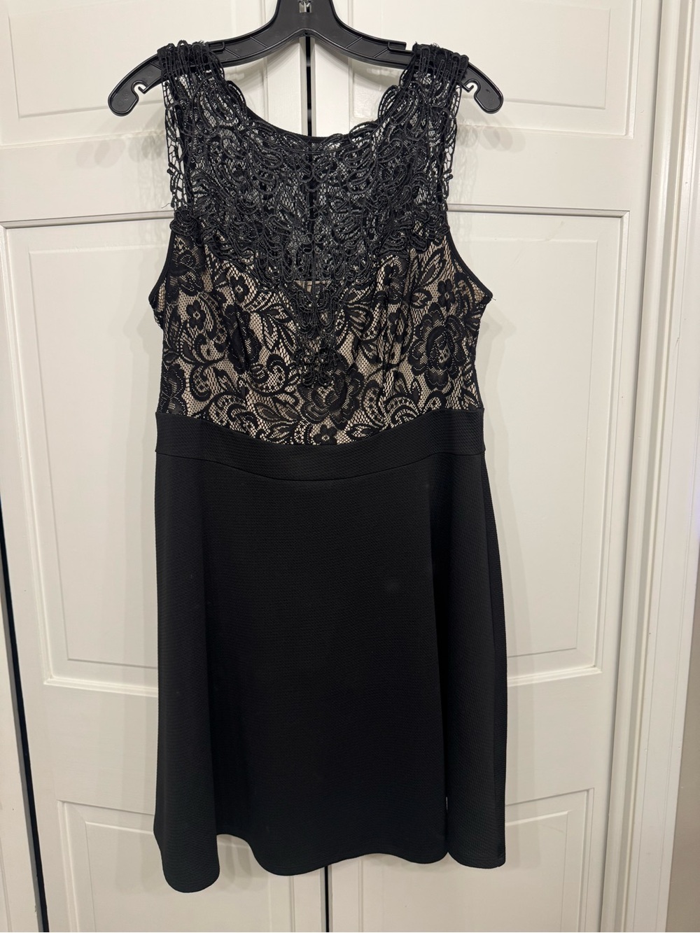 Black Lace-Overlay Midi Dress with Nude Lining